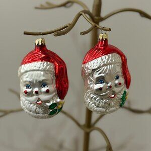 Vintage Mercury Glass Santa Faces (2) Christmas Ornament